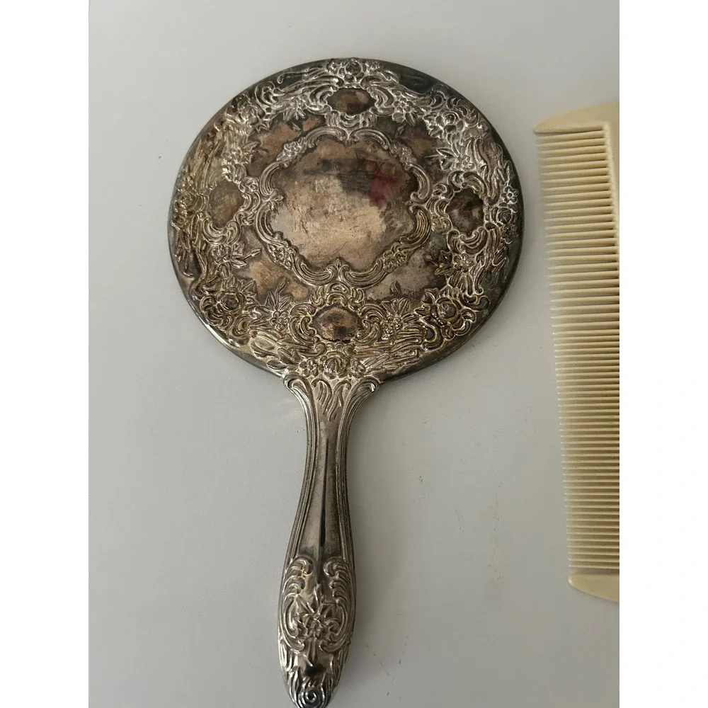 Vintage Silver Tone Ornate Repousse Vanity Set Mirror Brush Comb 3 Piece Floral